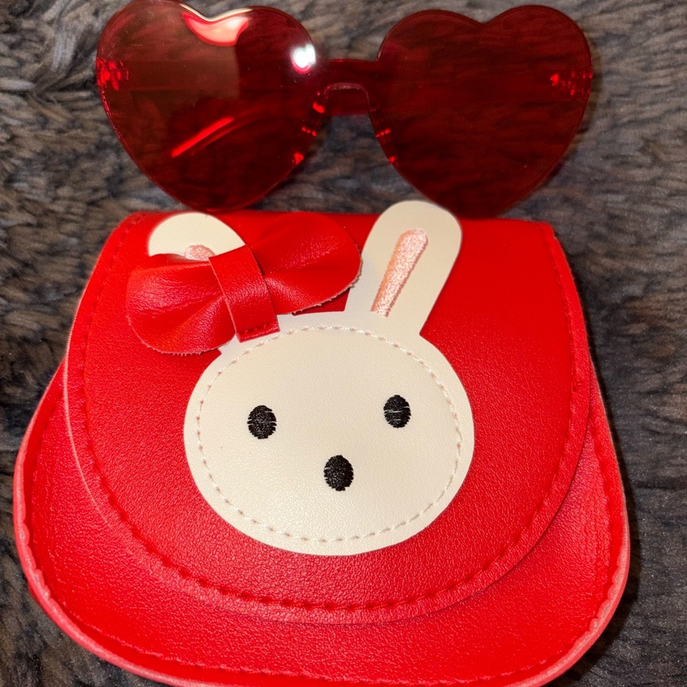 Red Bunny Kids Purse and Heart Sunglasses Set